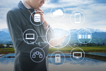 Cloud and network technology connected all devices with landscape background in VDI technology concept