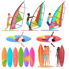 Wall Mural - Surfer people collection. Surfboards, top and front views of riding on the waves. Surfing couple Vector illustration.