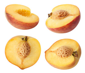 Canvas Print - Peach isolated. Collection of different peach pieces (half) fruits isolated on white with clipping path