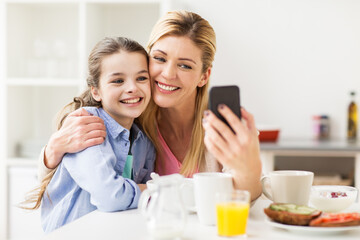 Canvas Print - happy family taking selfie by smartphone at home