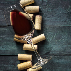 Wall Mural - Glass of red wine and corks on dark background