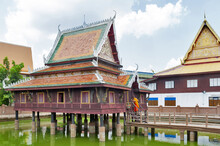 Ho Trai - Traditional Thai-style Building Used As A Library That Houses Buddhist Scriptures (Tripitaka Or Pali Canon) Located At Wat Mahathat Temple In Downtown Yasothon, Thailand