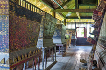 Gilded Wooden Boxes Containing Pali Manuscripts Exhibited Inside Ho Trai Or The Library Of Tripitaka (Pali Canon) Located At Wat Mahathat Temple In Downtown Yasothon, Thailand