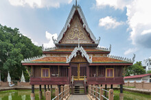 Ho Trai - Traditional Thai-style Building Used As A Library That Houses Buddhist Scriptures (Tripitaka Or Pali Canon) Located At Wat Mahathat Temple In Downtown Yasothon, Thailand