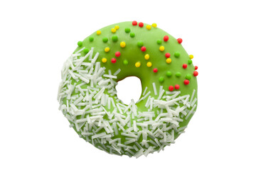 Wall Mural - Green Donut with polka dots isolated on a white background. National Doughnut Day. Dessert food. Fried dough confectionery. Snacks.