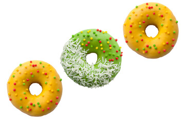 Wall Mural - Green Donut with polka dots isolated on a white background. National Doughnut Day. Dessert food. Fried dough confectionery. Snacks.