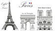 Vector Eiffel Tower, Triumphal Arch and Notre Dame Cathedral
