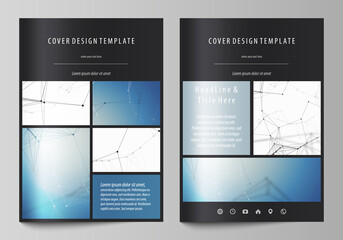 Wall Mural - Business templates for brochure, flyer, booklet, report. Cover design template, vector layout in A4 size. Geometric blue color background, molecule structure, science concept. Connected lines and dots