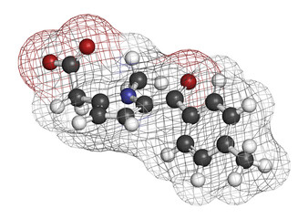 Sticker - Tolmetin NSAID drug molecule. 3D rendering. Atoms are represented as spheres with conventional color coding: hydrogen (white), carbon (grey), nitrogen (blue), oxygen (red).