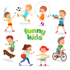 Wall Mural - Uniformed happy kids playing sports. Active children vector characters