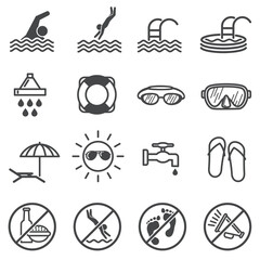 Sticker - Public pool vector warning signs. Swimming rules icons