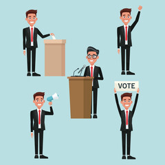 Sticker - background scene set people male in formal suit in different poses for vote candidacy vector illustration