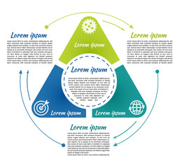 Wall Mural - Circle infographic template 3 steps and central element in triangle. For presentation and design concept. Vector illustration.