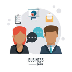 Poster - colorful poster of business idea with half body faceless of business couple and speech dialogue vector illustration