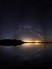 Wall Mural - amazing panoramic landscape view of a milky way. milky way over the lake.