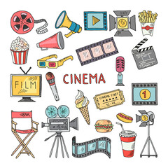 Poster - movie entertainment vector icon set. pictures in hand drawn style