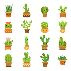 Wall Mural - Cute desert plants. Cactus in pots, vector cartoon mascot with different emotions