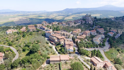 Beautiful aerial view of Castiglione D'Orcia, small medieval town of Tuscany - Italy