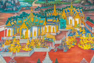  Thai Mural Paintings on the wall, Wat Phra Kaew at Bangkok, Thailand. The scenes of Ramayana story.