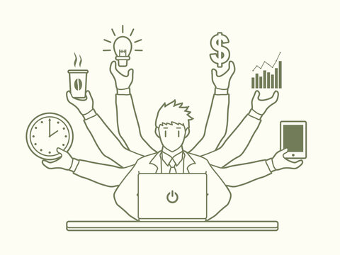 Busy Businessman with many hands holding many items outline stroke graphic vector