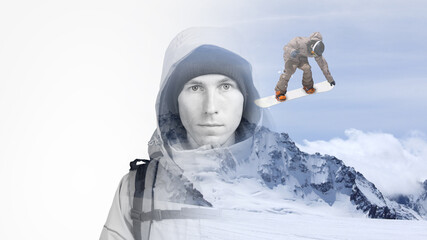 Wall Mural - Double exposure effect photography. The face of a young man with a backpack and mountain winter landscape with a jumping snowboarder.