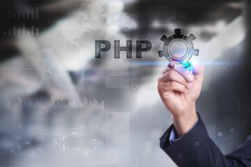 businessman is drawing on virtual screen. php concept.