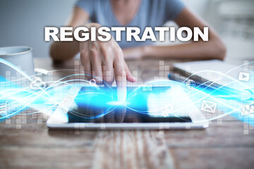 Poster - woman using tablet pc, pressing on virtual screen and selecting registration.