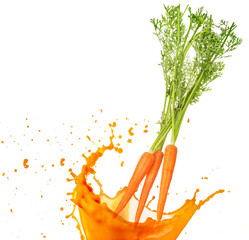 Wall Mural - carrots falling into orange juice isolated on white