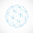 © Sylverarts - 3d vector low poly spherical object with black connected lines and dots, geometric blue wireframe shape. Perspective facet ball created with squares and pentagons.