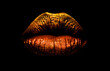 canvas print picture - Golden brown lipstick on lips isolated on black background. Sexy lips, female mouth. Imprint lips. Luxury cosmetics for girls and women. Beautiful female lips. Female beauty concept girl