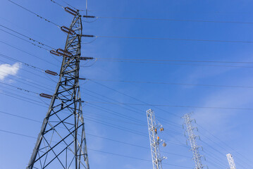 electricity transmission pylon with electricity engineer worker and blue sky background.