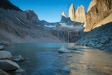 Fototapeta Góry - Meeting sunrise at the towers of Torres. National Park Torres del Paine. Patagonia. Chile.