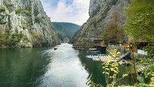 View Of Beautiful Tourist Attraction, Boat On Lake At Matka Canyon In The Skopje Surroundings. Macedonia