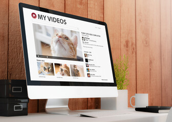 Fototapete - modern workspace with computer cat video streaming