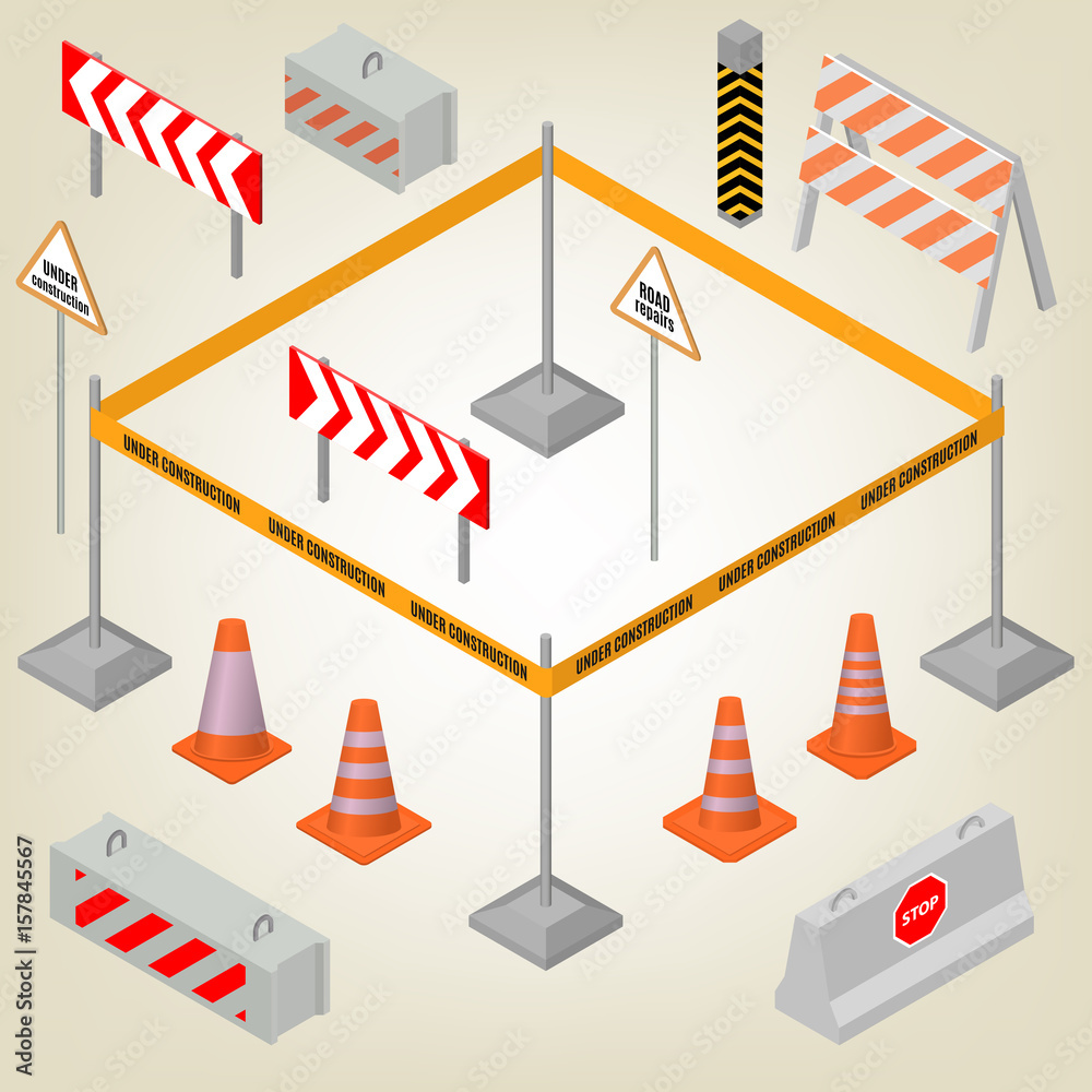 Set of road signs repairs in isometric, vector illustration. Stock ...