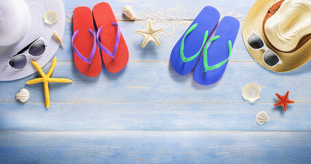 Sticker - Beach Accessories On Blue wooden floor, banner