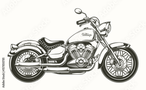 Vector illustration of hand-drawn vintage motorcycle. Classic chopper in ink ...