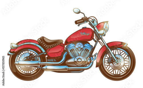Vector illustration of hand-drawn vintage motorcycle. Classic red chopper. Pr...