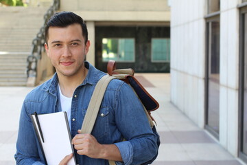 Trendy ethnic student heading to the university with copy space