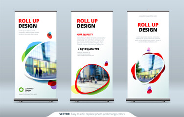 Business Roll Up Banner stand. Presentation concept. Abstract modern roll up background. Vertical roll up template billboard, banner stand or flag design layout. Poster for conference, forum, shop