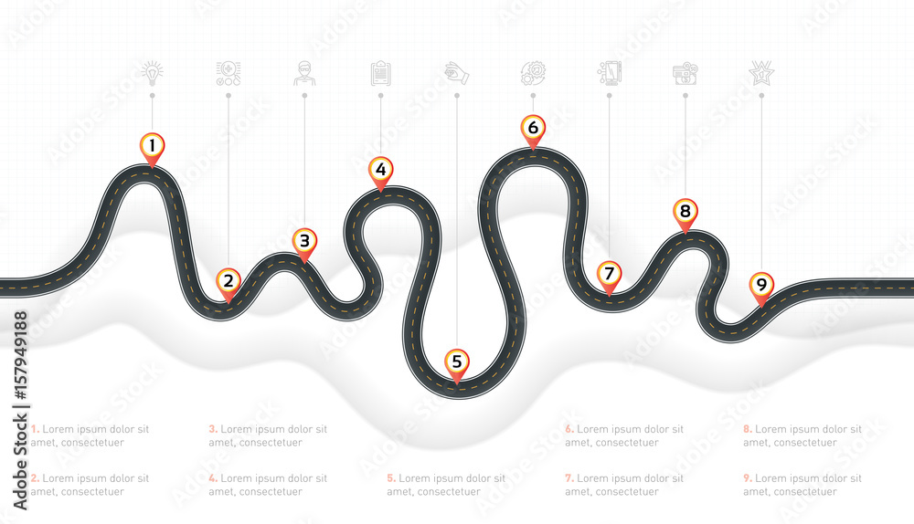 Navigation map infographic 9 steps timeline concept. Winding roa Stock ...