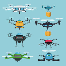 Sky Landscape Background Set Quadrocopters And Drones Vector Illustration