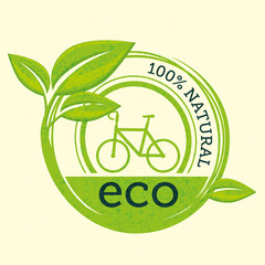 100 percent natural label with leaves and bicycle over beige background. Vector illustration,