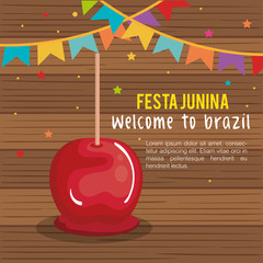 Poster - Festa junina infographic with caramel apple and banner over wood background. Vector illustration.