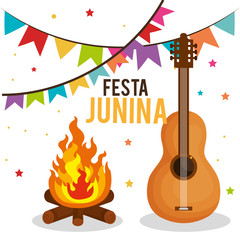 Poster - Festa junina design with fire and guitar over white background, Vector illsutration.