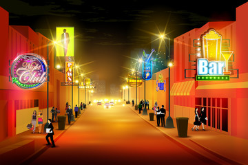 City nightlife of busy street