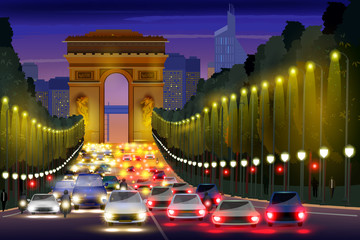 City nightlife of Champs Elysees Street Paris, France