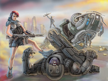 Partisan Girl In Armor Stands Over Defeated Stranger Alien. Science Fiction Illustration.