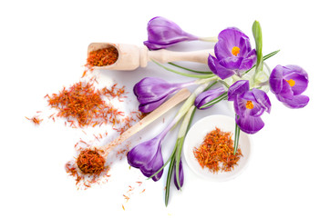 crocus flower with saffron isolated on white background