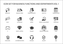 Various Business Functions And Business Department Vector Icons Like Sales, Marketing, HR, R&D, Purchasing, Accounting And Operations.